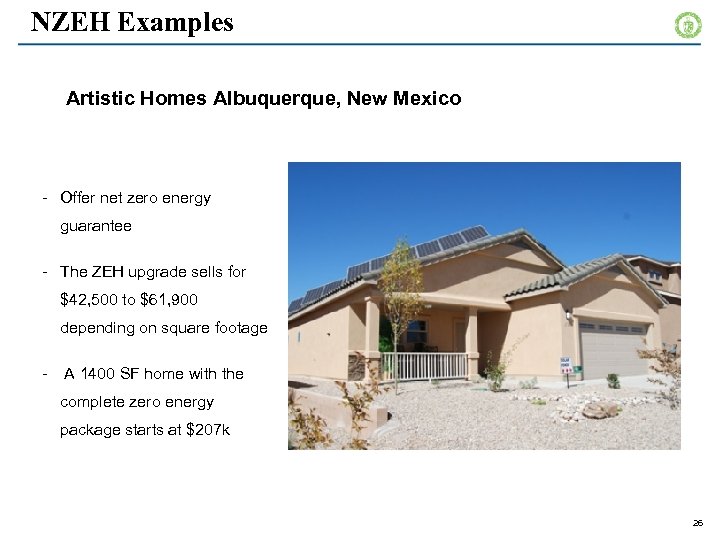 NZEH Examples Artistic Homes Albuquerque, New Mexico - Offer net zero energy guarantee -