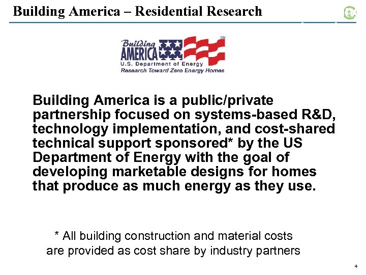 Building America – Residential Research What is Building America? Building America is a public/private
