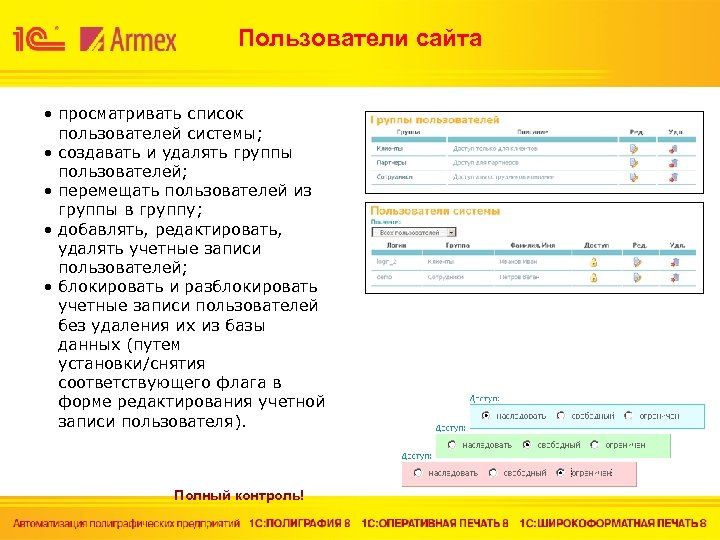 Пользователи сайта • просматривать список пользователей системы; • создавать и удалять группы пользователей; •