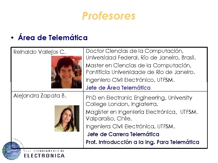 Profesores • Área de Telemática Reinaldo Vallejos C. Doctor Ciencias de la Computación, Universidad