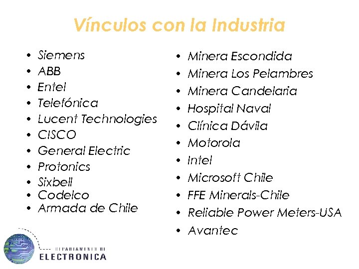 Vínculos con la Industria • • • Siemens ABB Entel Telefónica Lucent Technologies CISCO