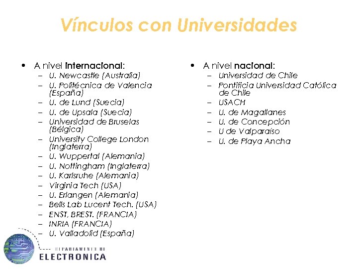 Vínculos con Universidades • A nivel internacional: – U. Newcastle (Australia) – U. Politécnica