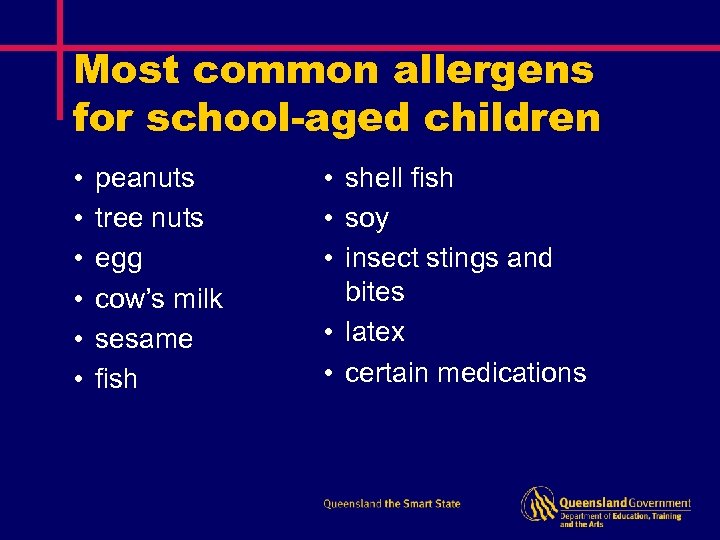 Most common allergens for school-aged children • • • peanuts tree nuts egg cow’s