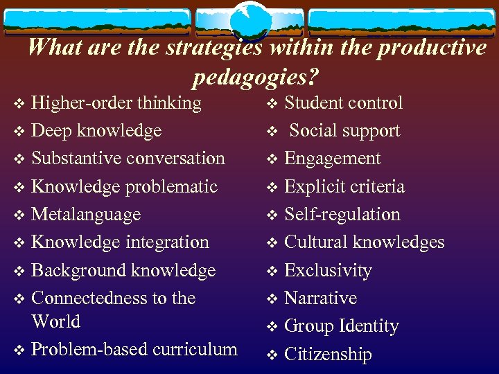 What are the strategies within the productive pedagogies? Higher-order thinking v Deep knowledge v
