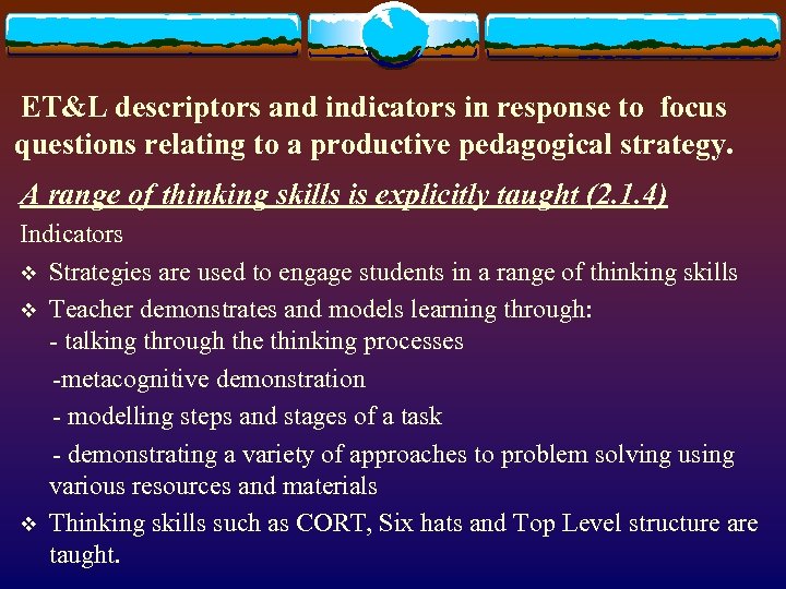 ET&L descriptors and indicators in response to focus questions relating to a productive pedagogical