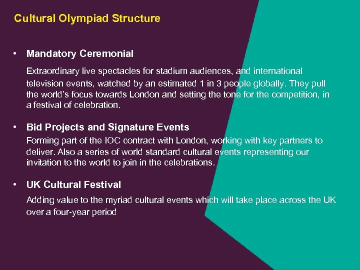Cultural Olympiad Structure • Mandatory Ceremonial Extraordinary live spectacles for stadium audiences, and international