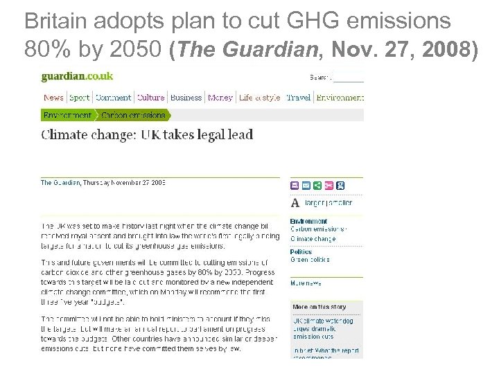 Britain adopts plan to cut GHG emissions 80% by 2050 (The Guardian, Nov. 27,