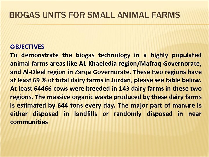 BIOGAS UNITS FOR SMALL ANIMAL FARMS OBJECTIVES To demonstrate the biogas technology in a