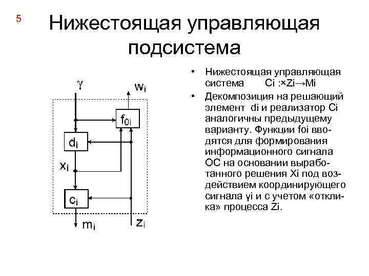 5 Нижестоящая управляющая подсистема • Нижестоящая управляющая система Сi : ×Zi→Mi • Декомпозиция на