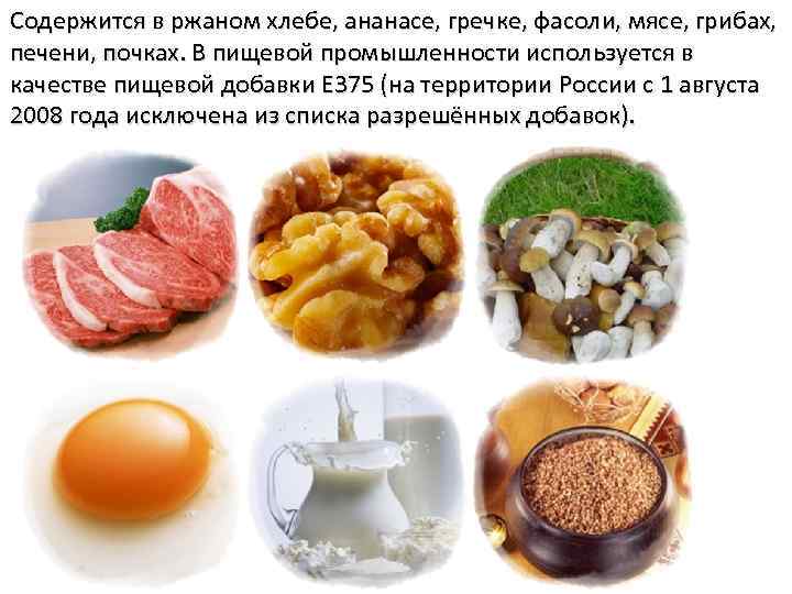 Содержится в ржаном хлебе, ананасе, гречке, фасоли, мясе, грибах, печени, почках. В пищевой промышленности
