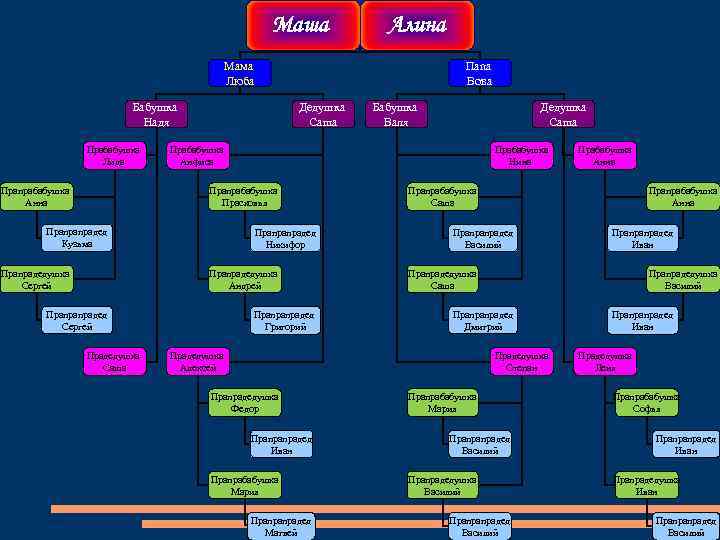 Маша Алина Мама Люба Папа Вова Бабушка Надя Прабабушка Лида Прапрабабушка Анна Дедушка Саша