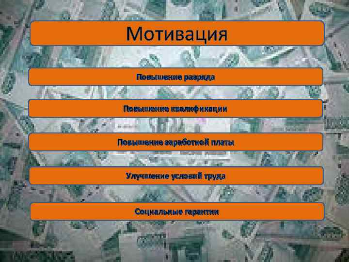 Мотивация Повышение разряда Повышение квалификации Повышение заработной платы Улучшение условий труда Социальные гарантии 