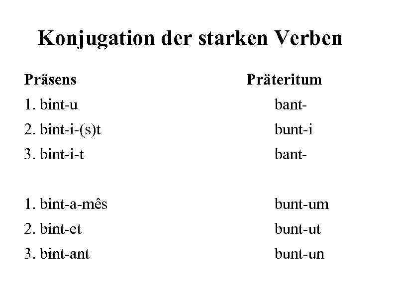 Konjugation der starken Verben Präsens Präteritum 1. bint-u bant- 2. bint-i-(s)t bunt-i 3. bint-i-t