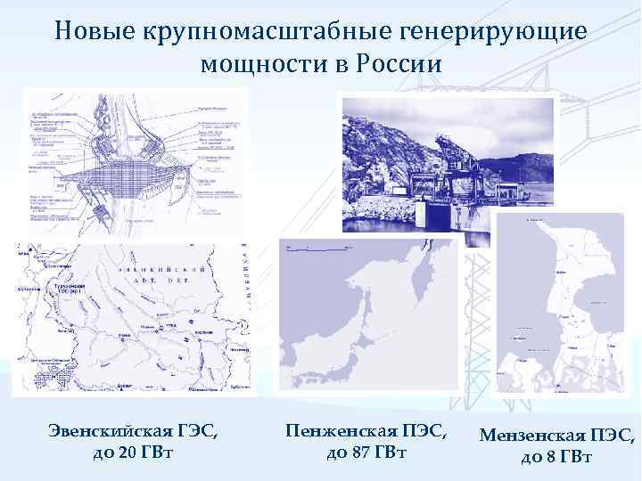 Новые крупномасштабные генерирующие мощности в России Эвенскийская ГЭС, до 20 ГВт Пенженская ПЭС, до