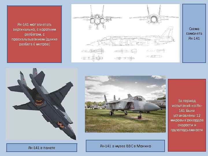Як-141 мог взлетать вертикально, с коротким разбегом, с проскальзыванием (длина разбега 6 метров) Схема