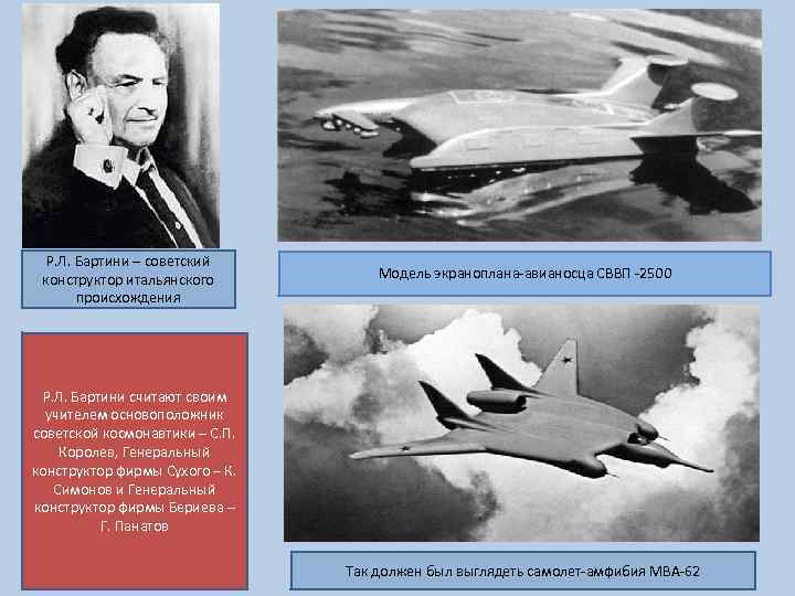 Р. Л. Бартини – советский конструктор итальянского происхождения Модель экраноплана-авианосца СВВП -2500 Р. Л.