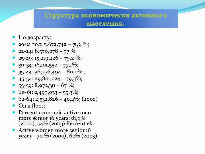 Структура экономически активного населения: По возрасту: 20 -21 год: 5, 672, 742 – 71,