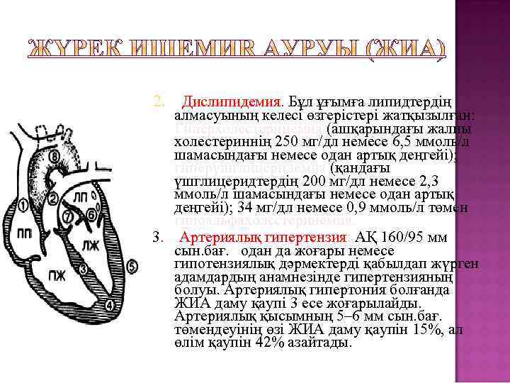 2. Дислипидемия. Бұл ұғымға липидтердің алмасуының келесі өзгерістері жатқызылған: Гиперхолестеринемия (ашқарындағы жалпы холестериннің 250