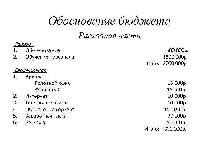 Обоснование бюджета -Разовая 1. Оборудование 2. Обучение персонала -Ежемесячная 1. Аренда Головной офис Филиал