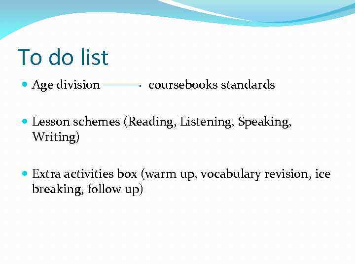 To do list Age division coursebooks standards Lesson schemes (Reading, Listening, Speaking, Writing) Extra