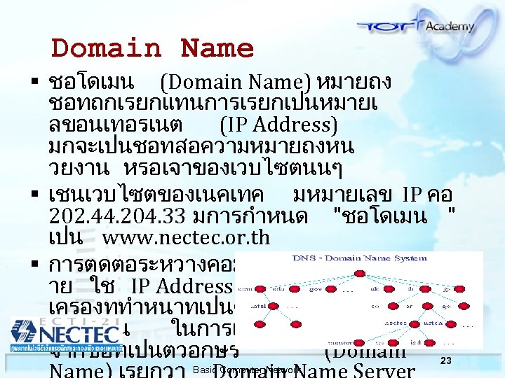 Domain Name § ชอโดเมน (Domain Name) หมายถง ชอทถกเรยกแทนการเรยกเปนหมายเ ลขอนเทอรเนต (IP Address) มกจะเปนชอทสอความหมายถงหน วยงาน หรอเจาของเวบไซตนนๆ