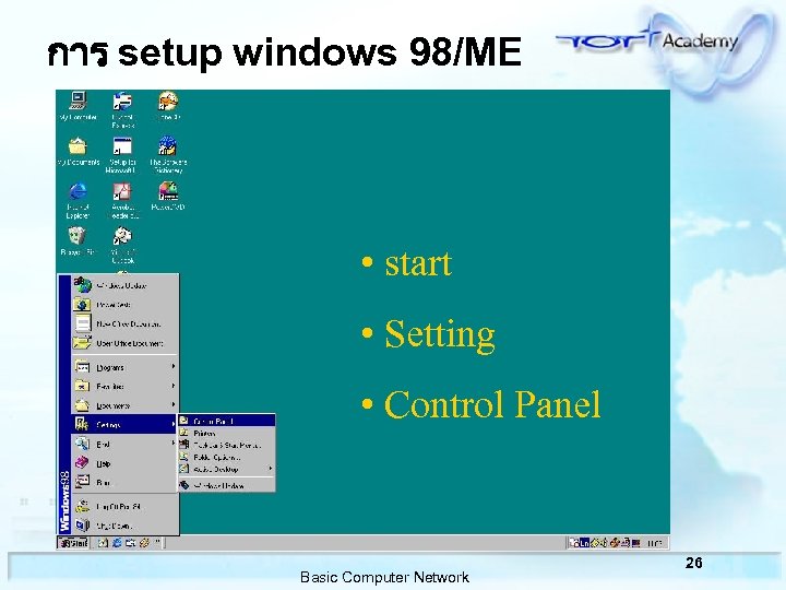 การ setup windows 98/ME • start • Setting • Control Panel Basic Computer Network