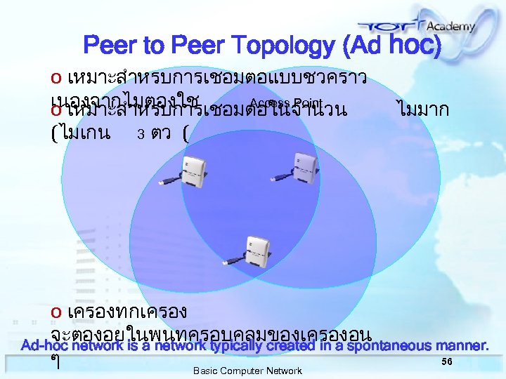 Peer to Peer Topology (Ad hoc) o เหมาะสำหรบการเชอมตอแบบชวคราว เนองจากไมตองใช Access Point o เหมาะสำหรบการเชอมตอในจำนวน (ไมเกน