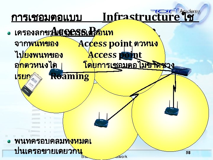 การเชอมตอแบบ Infrastructure ใช Access Point เครองลกขายสามารถเคลอนท หลายตว จากพนทของ Access point ตวหนง ไปยงพนทของ Access point