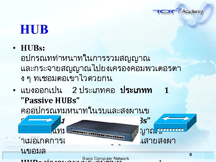 HUB • HUBs: อปกรณททำหนาทในการรวมสญญาณ และกระจายสญญาณไปยงเครองคอมพวเตอรตา ง ๆ ทเชอมตอเขาไวดวยกน • แบงออกเปน 2 ประเภทคอ ประเภทท 1
