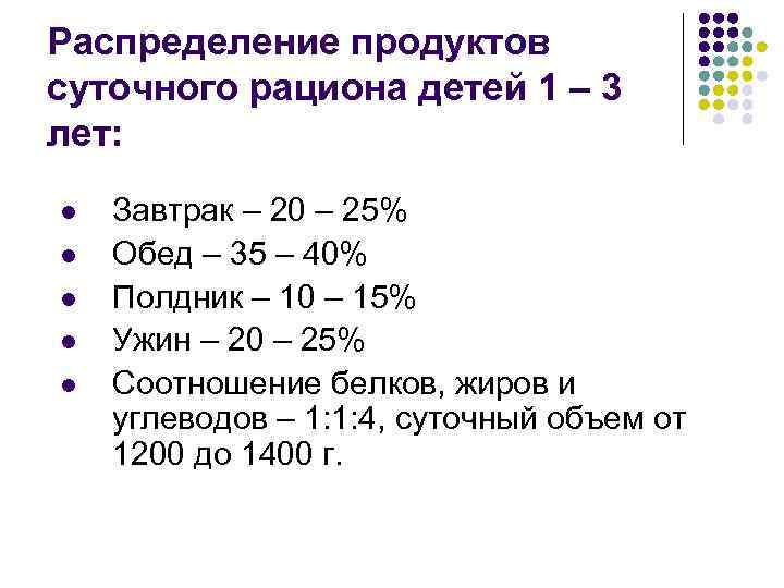 Распределение продуктов суточного рациона детей 1 – 3 лет: l l l Завтрак –