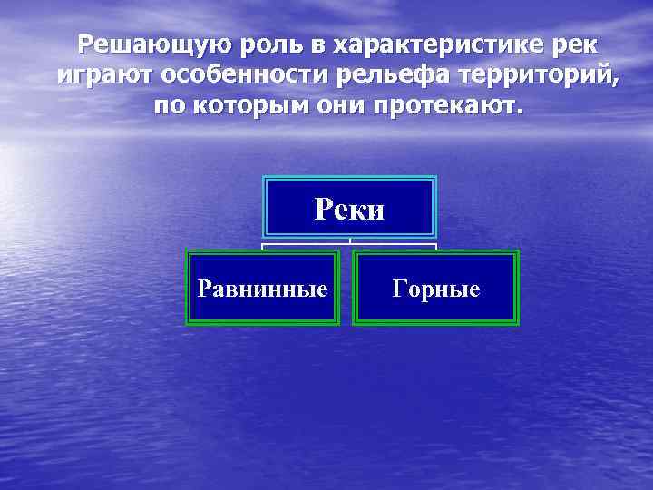 Решающую роль в характеристике рек играют особенности рельефа территорий, по которым они протекают. Реки