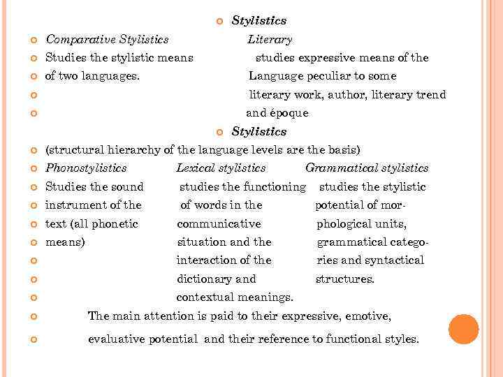  Comparative Stylistics Studies the stylistic means of two languages. Stylistics Literary studies expressive