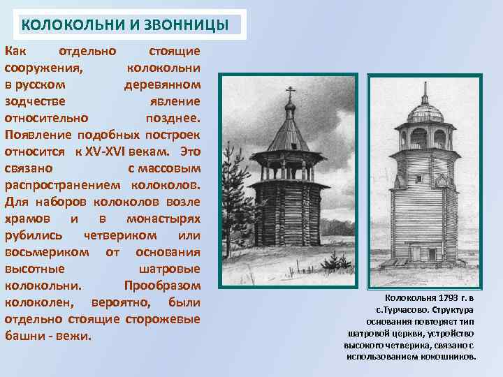 КОЛОКОЛЬНИ И ЗВОННИЦЫ Как отдельно стоящие сооружения, колокольни в русском деревянном зодчестве явление относительно