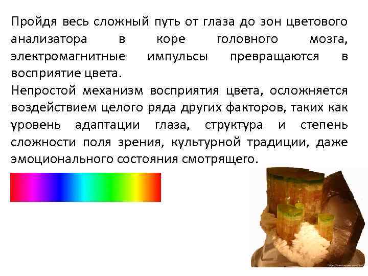 Пройдя весь сложный путь от глаза до зон цветового анализатора в коре головного мозга,