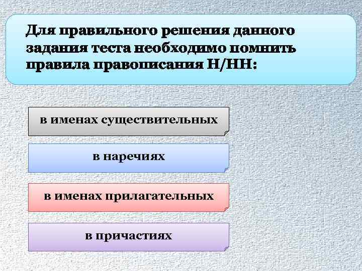 Для правильного решения данного задания теста необходимо помнить правила правописания Н/НН: в именах существительных