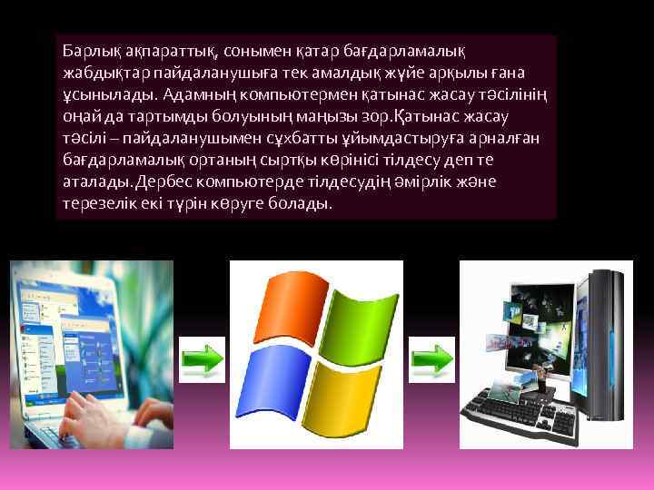 Барлық ақпараттық, сонымен қатар бағдарламалық жабдықтар пайдаланушыға тек амалдық жүйе арқылы ғана ұсынылады. Адамның