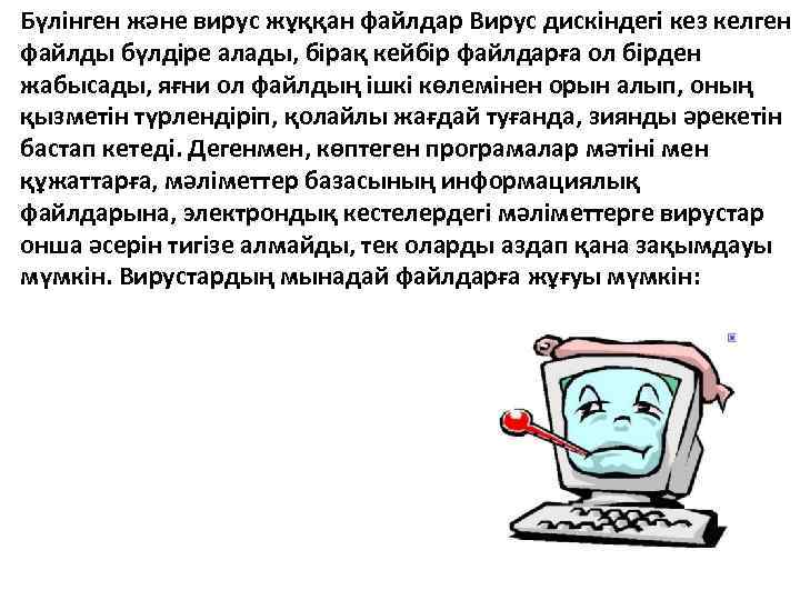 Бүлінген және вирус жұққан файлдар Вирус дискіндегі кез келген файлды бүлдіре алады, бірақ кейбір