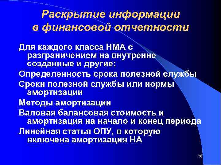 Раскрытие информации в финансовой отчетности Для каждого класса НМА с разграничением на внутренне созданные