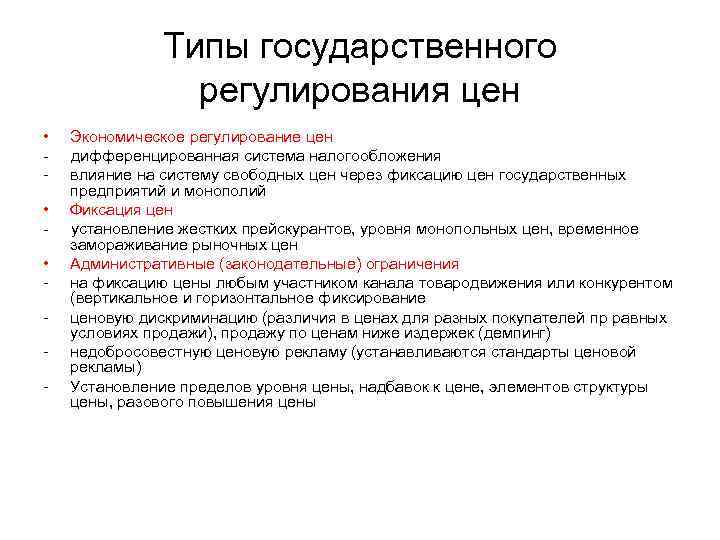 Типы государственного регулирования цен • • • Экономическое регулирование цен дифференцированная система налогообложения влияние