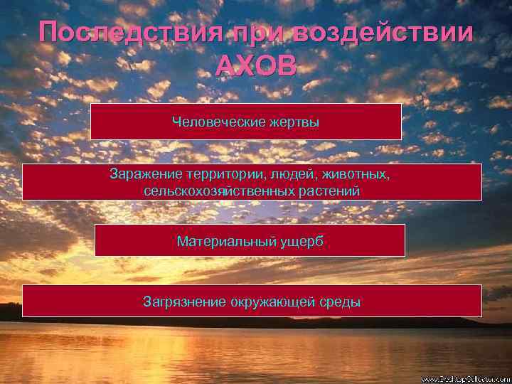 Последствия при воздействии АХОВ Человеческие жертвы Заражение территории, людей, животных, сельскохозяйственных растений Материальный ущерб