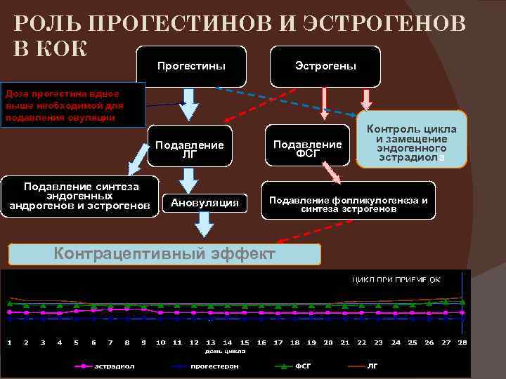 РОЛЬ ПРОГЕСТИНОВ И ЭСТРОГЕНОВ В КОК Прогестины Эстрогены Доза прогестина вдвое выше необходимой для