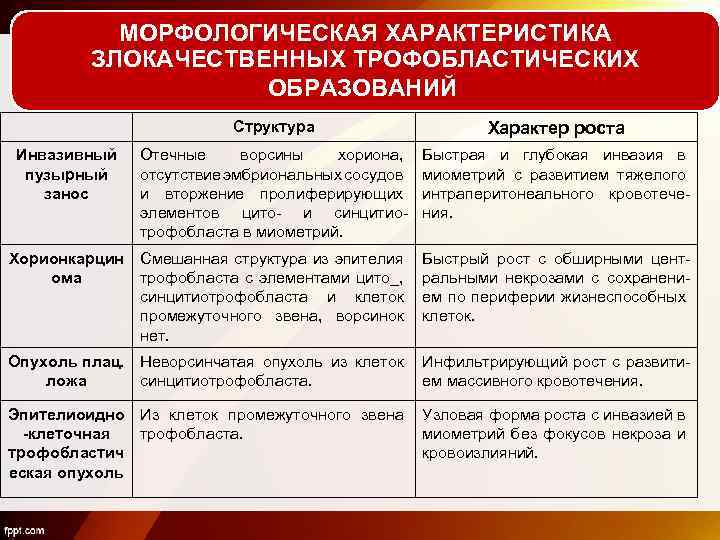 МОРФОЛОГИЧЕСКАЯ ХАРАКТЕРИСТИКА ЗЛОКАЧЕСТВЕННЫХ ТРОФОБЛАСТИЧЕСКИХ ОБРАЗОВАНИЙ Структура Характер роста Отечные ворсины хориона, отсутствие эмбриональных сосудов