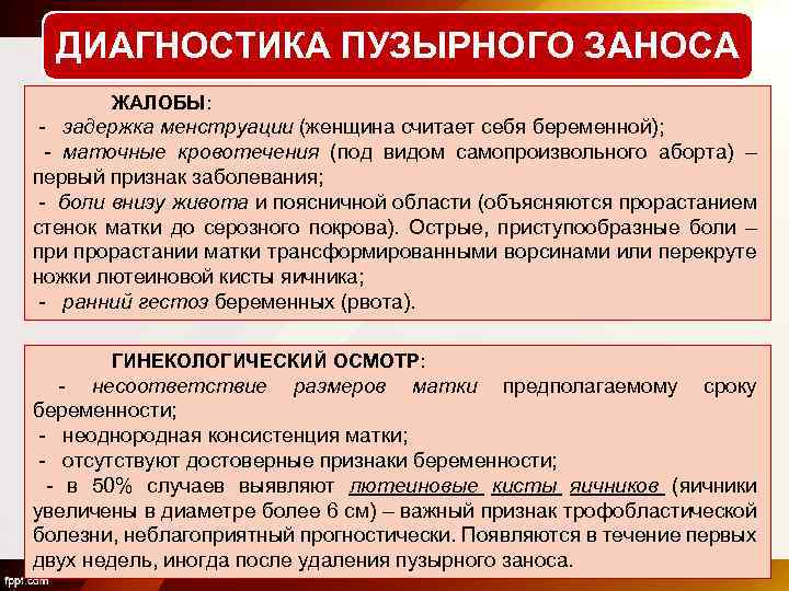 ДИАГНОСТИКА ПУЗЫРНОГО ЗАНОСА ЖАЛОБЫ: - задержка менструации (женщина считает себя беременной); - маточные кровотечения