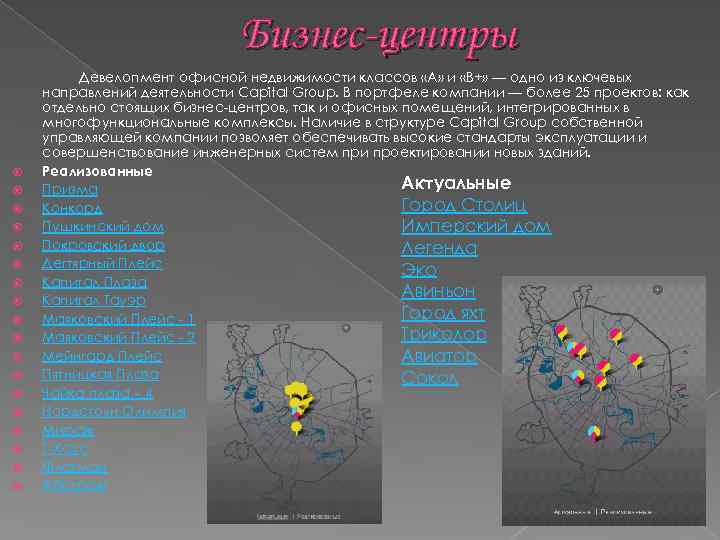 Бизнес-центры Девелопмент офисной недвижимости классов «А» и «B+» — одно из ключевых направлений деятельности