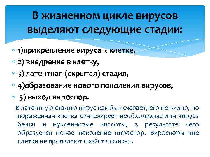 В жизненном цикле вирусов выделяют следующие стадии: 1)прикрепление вируса к клетке, 2) внедрение в