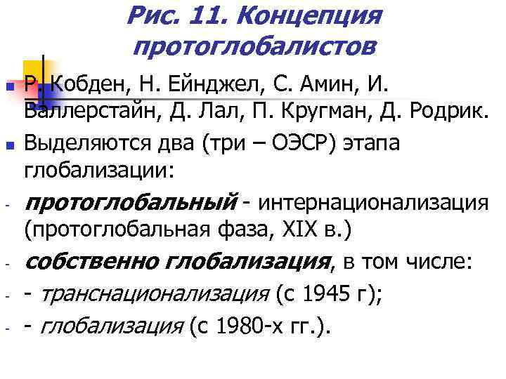 Рис. 11. Концепция протоглобалистов n n - - Р. Кобден, Н. Ейнджел, С. Амин,