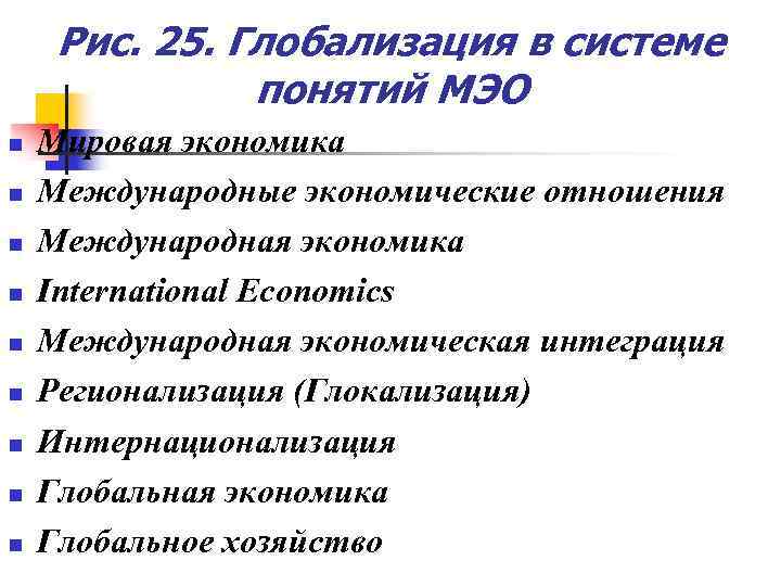 Рис. 25. Глобализация в системе понятий МЭО n n n n n Мировая экономика
