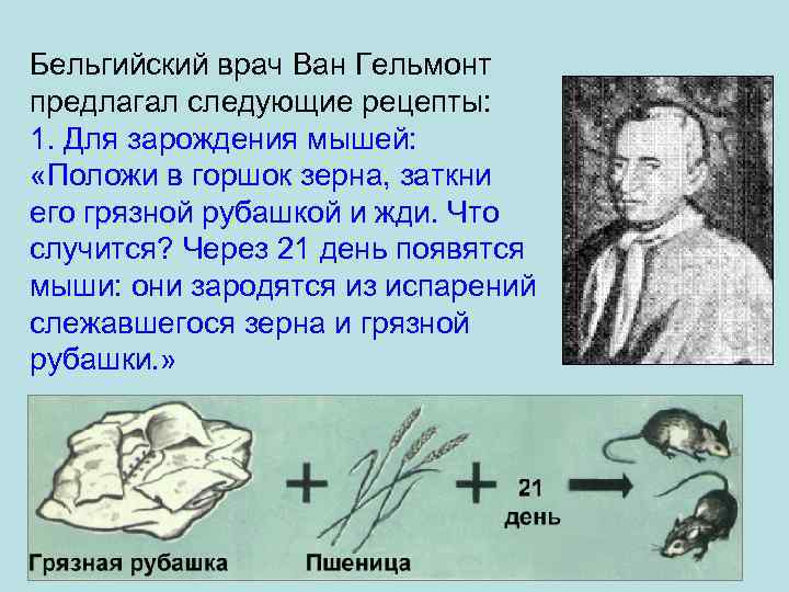 Бельгийский врач Ван Гельмонт предлагал следующие рецепты: 1. Для зарождения мышей: «Положи в горшок