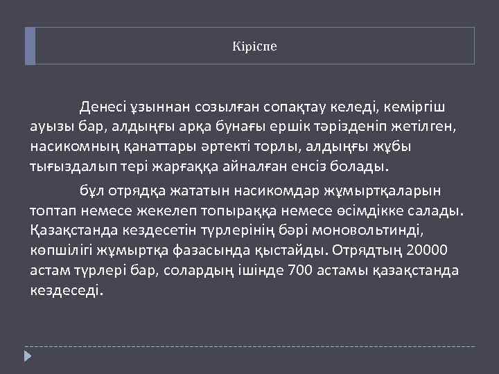 Кіріспе Денесі ұзыннан созылған сопақтау келеді, кеміргіш ауызы бар, алдыңғы арқа бунағы ершік тәрізденіп