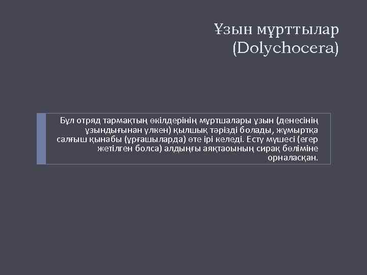 Ұзын мұрттылар (Dolychocera) Бұл отряд тармақтың өкілдерінің мұртшалары ұзын (денесінің ұзындығынан үлкен) қылшық тәрізді